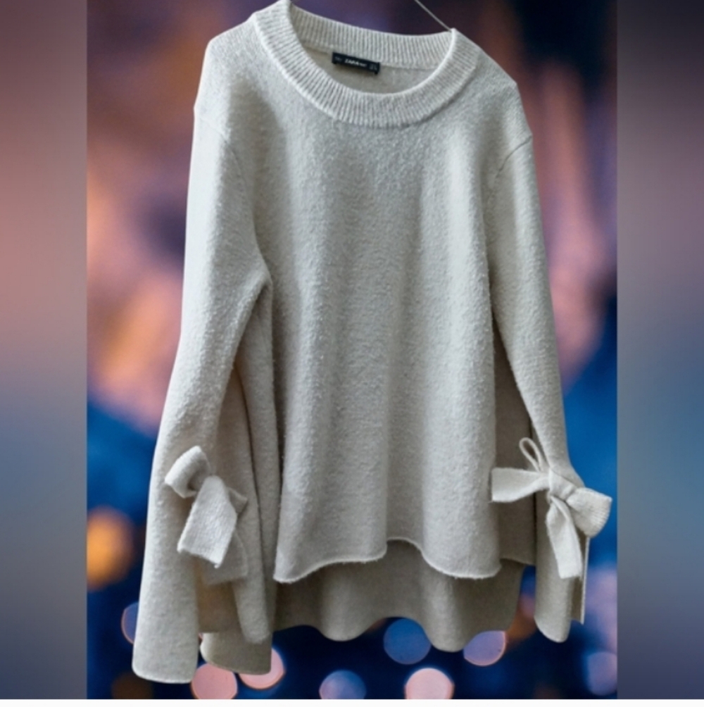 Zara Cream Sweater with Bow Accents